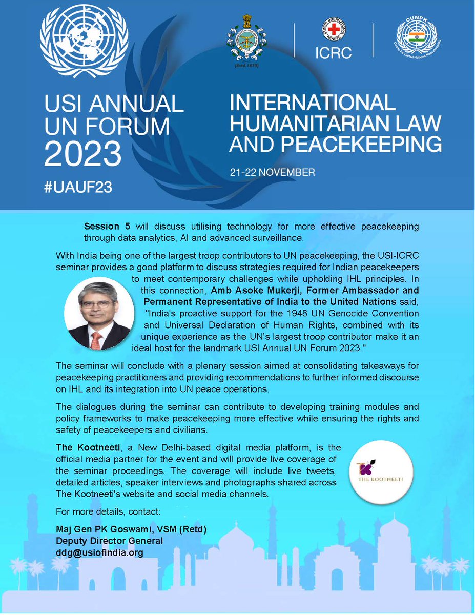 USIofIndia's tweet photo. Join us at *USI on 21-22 Nov* to participate in in-depth discussions on #IHL &amp; #Peacekeeping to include Protection of Civilian, Protecting the Protector, Women Peace &amp; Security &amp; more.  Registration starts at 9:30 am, 21 Nov #UAUF23 #IHL #ICRC #HumanitarianLaw #IndianArmedForces https://t.co/JyQhoqrNcG