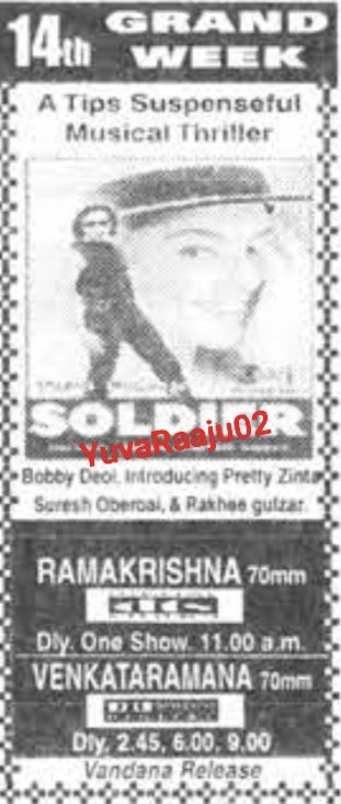 YuvaRaaju02's tweet photo. #28YearsForSoldier
Starring: @thedeol , @realpreityzinta
Superb movie ππ
Hyd - RAMAKRISHNA 70MM - 100DAYS RUN π₯π₯ ( Last 9Days 1show) Replaced with #KaccheDaage
Secbad - MANJU - 21Days RUN Replaced with #Wajood https://t.co/qpNLRkKstb
