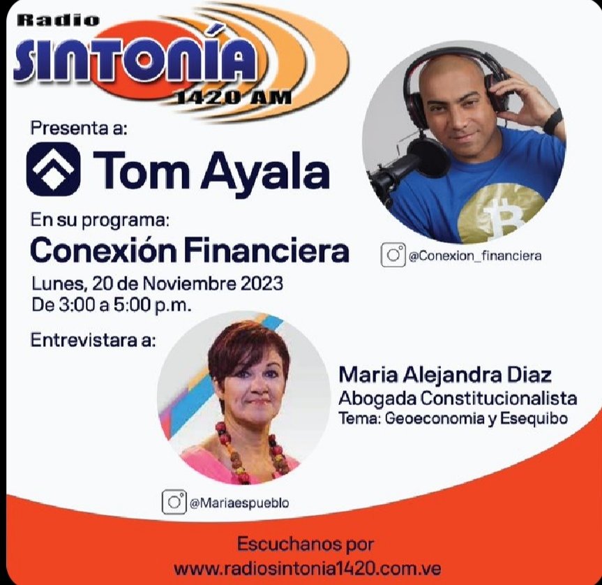 Entrevista a @MariaesPueblo.

Tema Geoeconomia y Esequibo.

Lunes: 20 Noviembre.
Hora: 3pm
Radio Sintonía 1420Am
Programa: Conexión Financiera