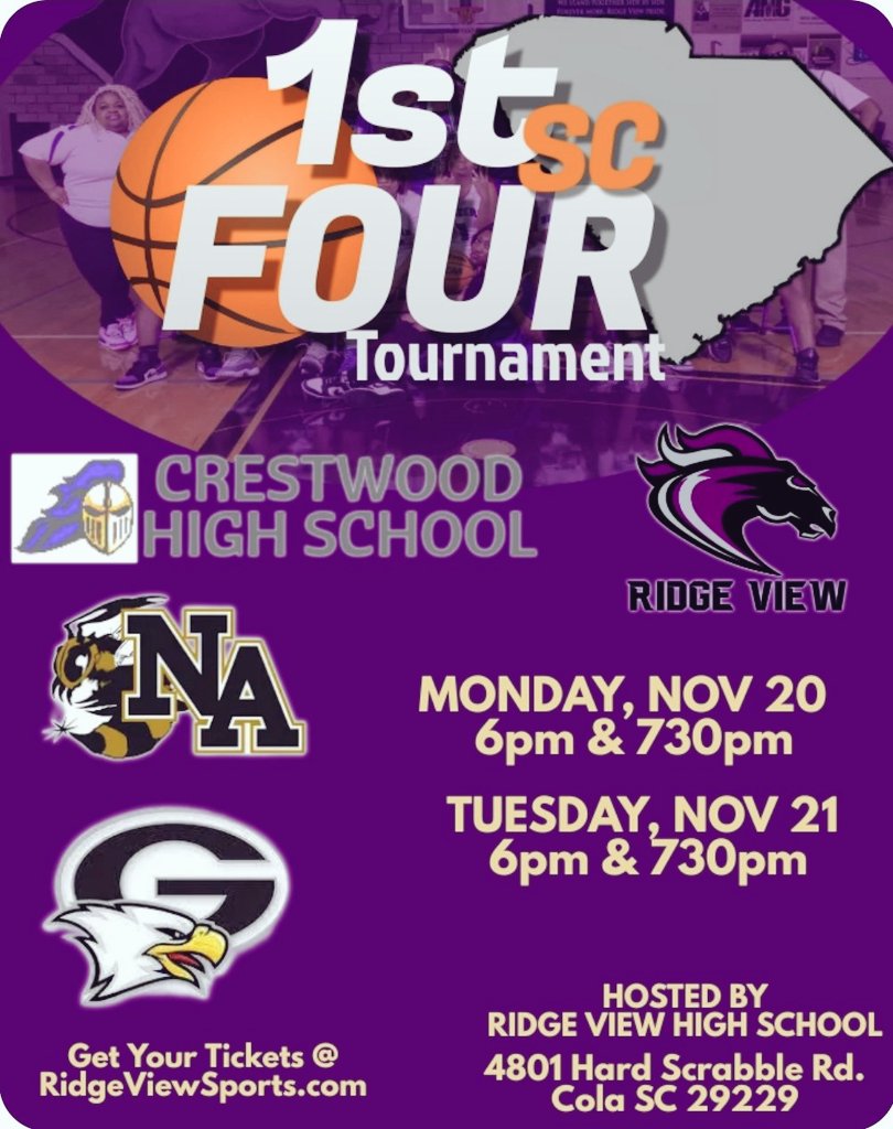 RV_GirlsHoops's tweet photo. Tomorrow at 6pm.... You need to be at 4801 Hardscrabble Road, Ridge View High School for the 1st Four SC Tournament! Do not miss this display of talent!  Tickets available at https://t.co/faoU1Tka2e grab yours now! #1stfourSC https://t.co/p9OPaN1uGL