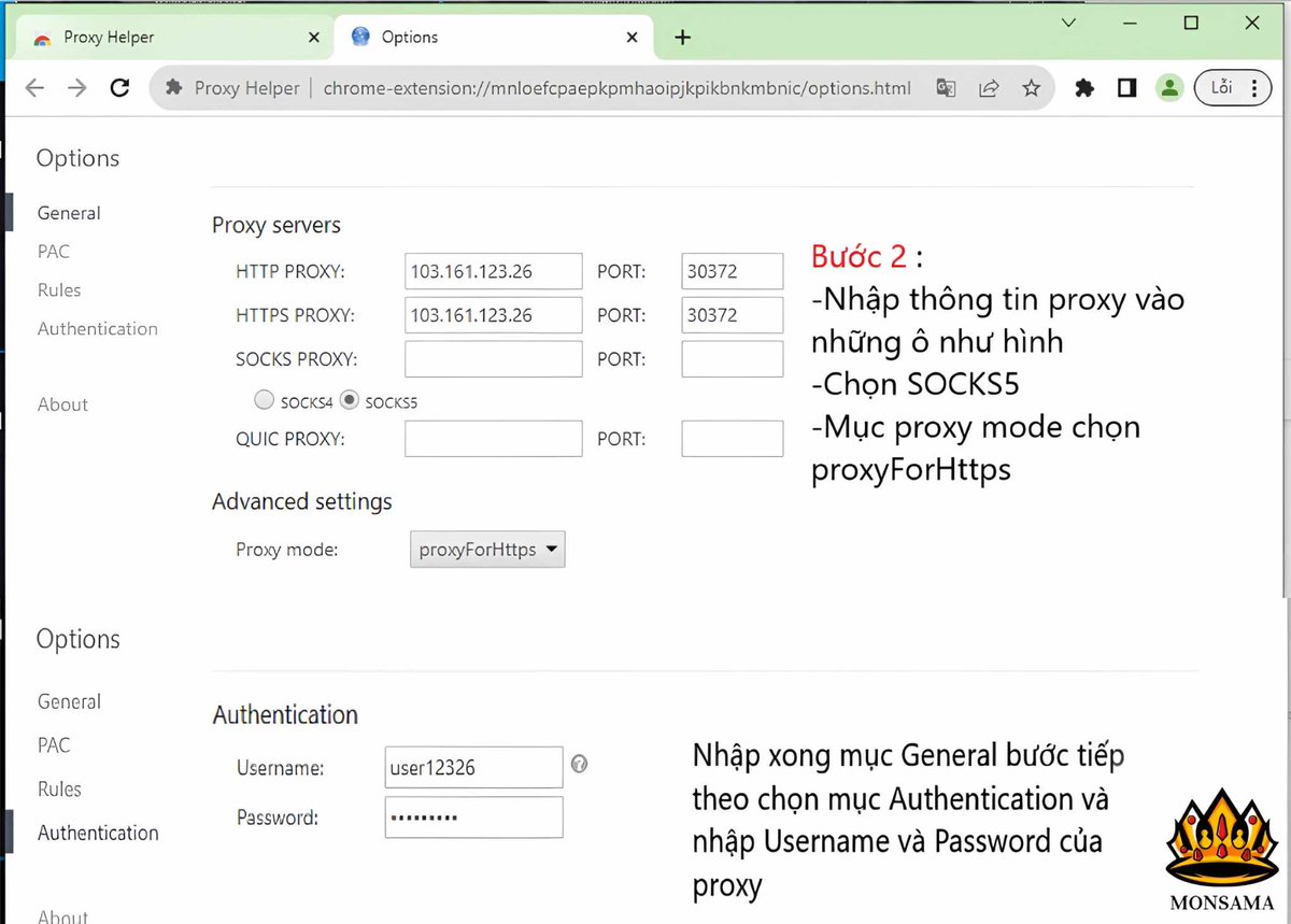 MonsamaMMO's tweet photo. Góc chia sẻ  👻

Bài viết này dành cho các bác chưa biết  fake ip trên chome bằng proxy.

Proxy Helper là một tiện ích mở rộng cho trình duyệt Chrome giúp mọi người có thể fake sang một ip khác để sử dụng với nhiều mục đích như nuôi nhiều tài khoản Facebook, zalo hay có thể là X 😅... cũng như việc cheat các kèo air drop, cheat ref mà bị giới hạn địa chỉ IP. Truy cập các trang web bị chặn ở khu vực của các bác, tải các nội dung giới hạn lượt tải ...vv . Nói chung là lắm tác dụng 🤣
Khi mua proxy (sẽ mua theo tháng và giá trung bình sẽ từ 20-40k tùy vào loại cũng như chất lượng proxy )  sẽ có định dạng : IP: PORT : USERNAME : PASSWORD

1⃣Cài đặt Proxy Helper
Mở trình duyệt Chrome và truy cập cửa hàng Chrome trực tuyến hoặc Tìm kiếm "Proxy Helper" và nhấn nút "Thêm vào Chrome".

2⃣Thêm thông tin proxy
Sau khi cài đặt Proxy Helper, biểu tượng của tiện ích sẽ xuất hiện trên thanh công cụ của Chrome. Nhấp chuột phải vào biểu tượng và chọn "Settings".

3⃣Kích hoạt proxy
Sau khi đã nhập thông tin proxy, bạn cần kích hoạt proxy bằng cách nhấp vào biểu tượng trên thanh công cụ và chọn kích hoạt.

Chúng ta có thể tạo nhiều cửa sổ chome khác nhau mỗi chome sử dụng 1 proxy để phục vụ mục đích tối ưu nhất trong việc kiếm xèng. Chúc các bác kiếm được nhiều kèo ngon và nếu thấy bài viết có ích cho e xin 1 tim nhé 😉.