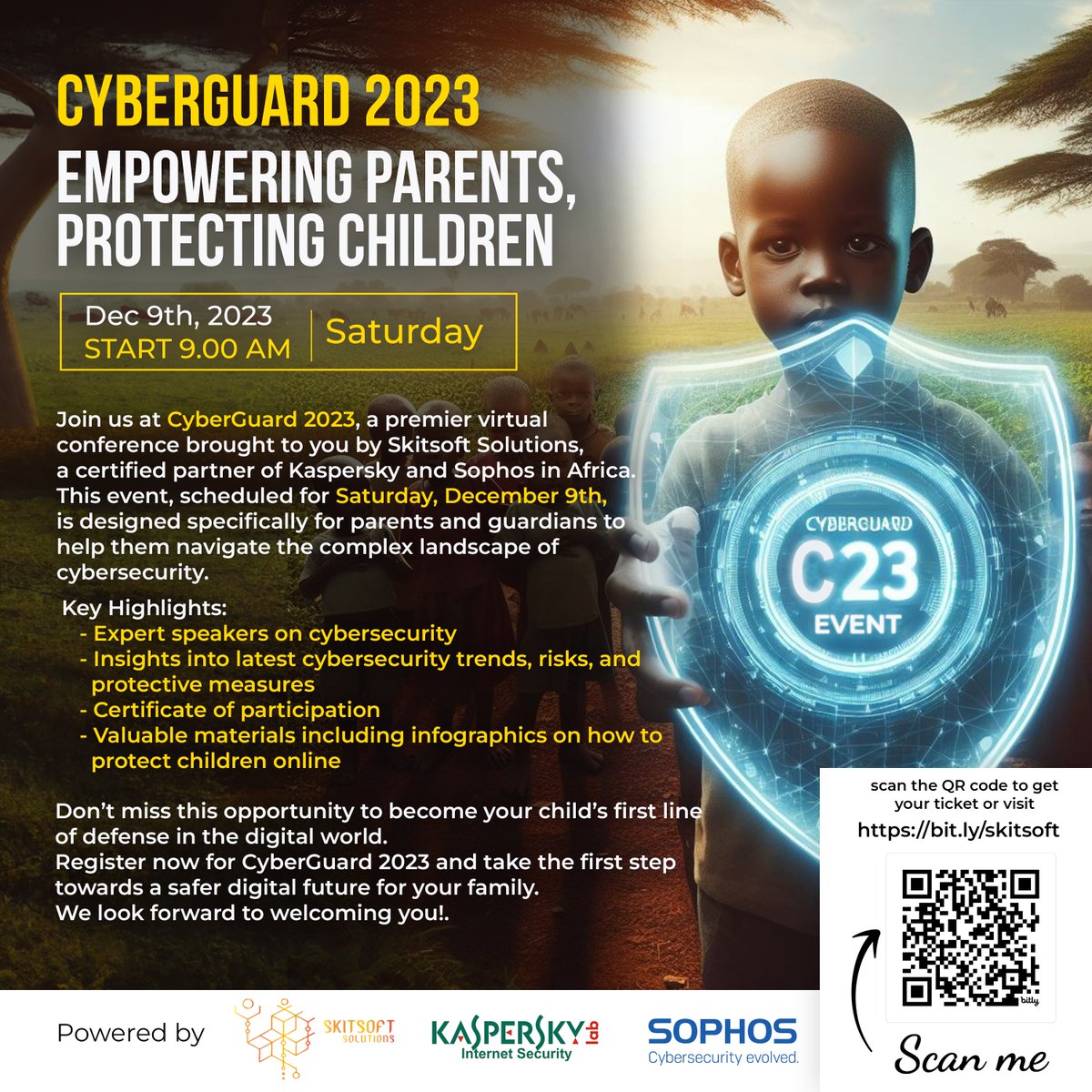 SkitsoftS's tweet photo. Join us at #CyberGuard2023, a virtual conference by Skitsoft Solutions, on Dec 9th. Empower yourself with knowledge to protect your children in the digital world.  Together, let’s create a safer online environment for our kids. Grab Tickets here https://t.co/ErbOzXMihs https://t.co/u3jorjV1us
