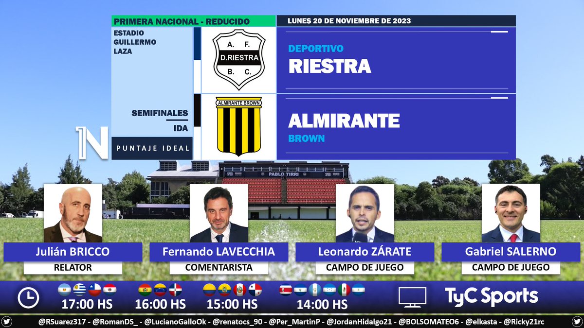 Puntaje Ideal (@puntaje_ideal) on Twitter photo β½ #PrimeraNacional π¦π· | #DeportivoRiestra vs. #AlmiranteBrown
π Relator: JuliΓ‘n Bricco
π Comentarista: <a href="/Ferlavecchia/">Fernando Lavecchia</a>
π Campo de juego: <a href="/Leonardo_Zarate/">Leo ZΓ‘rate</a> y <a href="/salernogabi/">Gabriel Salerno</a>
πΊ <a href="/TyCSports/">TyC Sports</a> π¦π· y <a href="/TyCSports/">TyC Sports</a> Internacional
π»π± <a href="/TyCSportsPlay/">TyC Sports Play</a> π¦π·
π€³ #NacionalEnTyCSports
Dale RT π β½ #PrimeraNacional π¦π· | #DeportivoRiestra vs. #AlmiranteBrown
π Relator: JuliΓ‘n Bricco
π Comentarista: <a href="/Ferlavecchia/">Fernando Lavecchia</a>
π Campo de juego: <a href="/Leonardo_Zarate/">Leo ZΓ‘rate</a> y <a href="/salernogabi/">Gabriel Salerno</a>
πΊ <a href="/TyCSports/">TyC Sports</a> π¦π· y <a href="/TyCSports/">TyC Sports</a> Internacional
π»π± <a href="/TyCSportsPlay/">TyC Sports Play</a> π¦π·
π€³ #NacionalEnTyCSports
Dale RT π