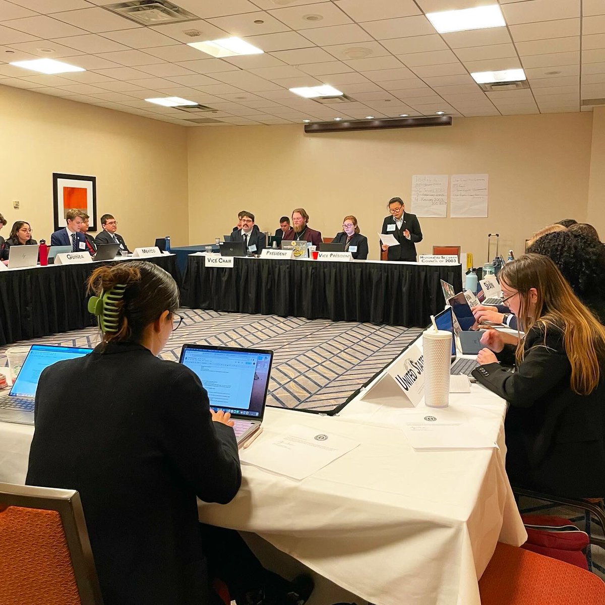 AMUNchicago's tweet photo. After initially being snubbed by the Council, the Historical Security Council of 2023 was paid a visit by Colin Powell to address the situation in Iraq.
 
#AMUN2023 #SecurityCouncil2003 https://t.co/33J2fHYrOm