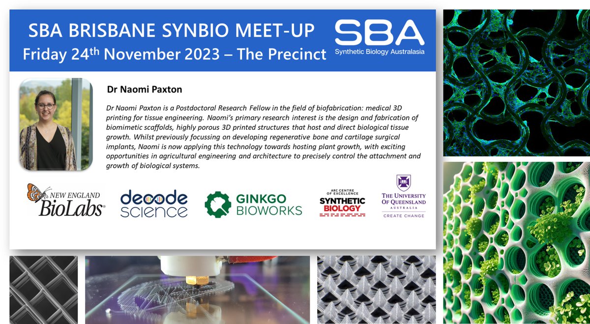 Dr Naomi Paxton (@naomicpaxton) on Twitter photo Join me this Friday 24th Nov 4pm for <a href="/SBABrisbane/">SBA Brisbane</a>'s seminar at The Precinct - all welcome!
I'll be talking about my #3Dprinting & #biofabrication research, with a focus on #biomimetic and #bioinspired design 🌱
FREE Registration: eventbrite.com.au/e/sba-seminar-… Join me this Friday 24th Nov 4pm for <a href="/SBABrisbane/">SBA Brisbane</a>'s seminar at The Precinct - all welcome!
I'll be talking about my #3Dprinting & #biofabrication research, with a focus on #biomimetic and #bioinspired design 🌱
FREE Registration: eventbrite.com.au/e/sba-seminar-…