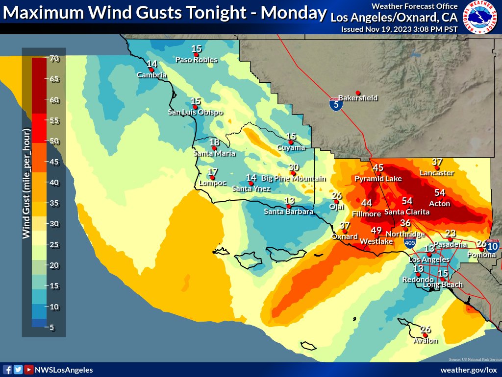 Santa Ana wind expected late tonight into Tuesday. Winds will be the strongest in the morning hours, and Tuesday winds will be slightly weaker. See below for peak wind gusts on Monday.🌬️#CAwx #SantaAna