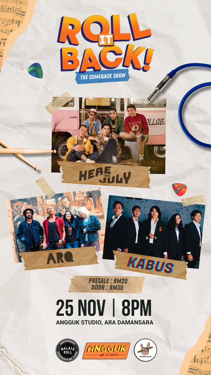 Hi Guys!

Sabtu ini kitorang ada show bersama <a href="/ARQ/">Arcadio Quijada</a> dan <a href="/herecomesjuly_/">Here Comes July</a> di  Angguk Studio Ara Damansara / 8PM.

Korang boleh DM mana mana band yang dalam poster ni untuk beli ticket.

Ticket murah je guys, Rm 20 untuk 3 band!