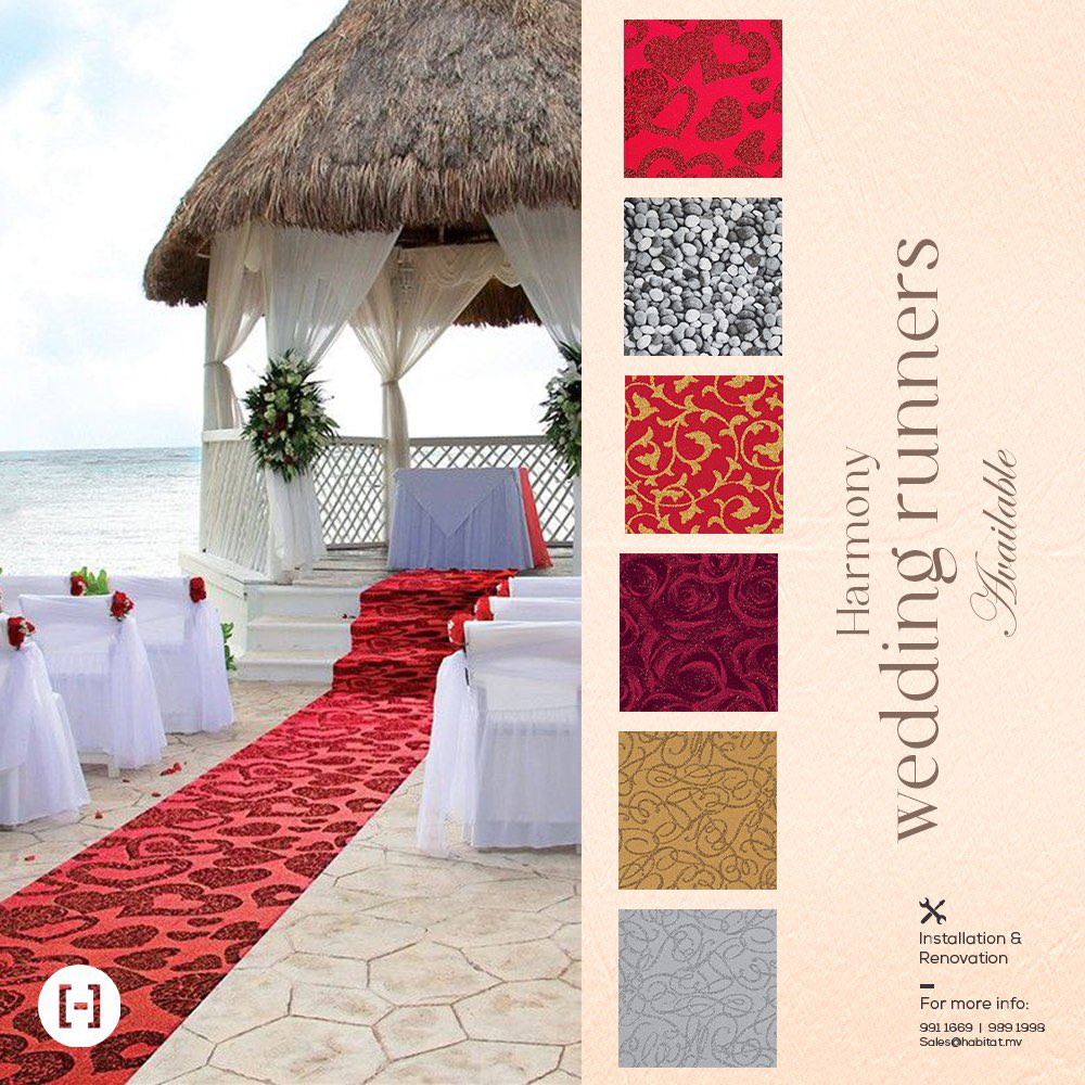 HabitatMV's tweet photo. Looking for an aisle runner for a wedding ceremony or a simple way to dress up a path for a glamorous event? We have you covered. #habitatmv #weddingrunner
Please call us (Viber/WhatsApp):
9911669, 9693669, 9891998, 9965482. https://t.co/N0WAPQjSPe