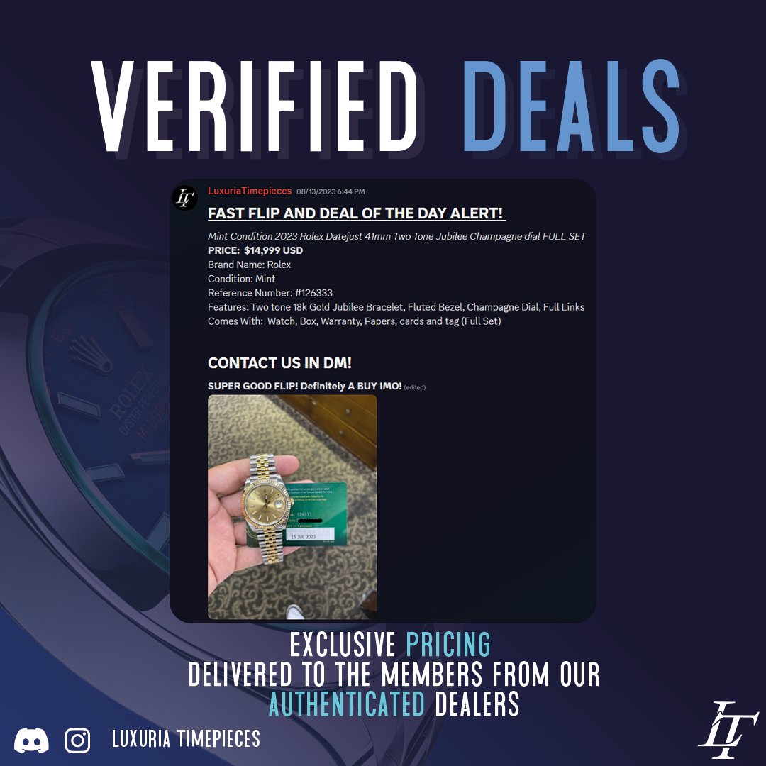 GAIN ACCESS TO VERIFIED DEALS✅

benefit from exclusively priced watches that you won't find anywhere else! 📈

Deals picked from our team itself, to provide you all the best transactions possible!💯

#money #Rolex #watches