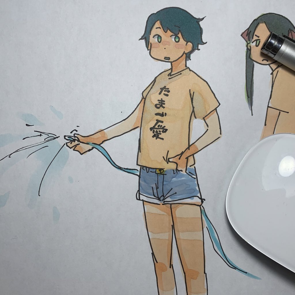 mikuma (kancolle) ,mogami (kancolle) hose multiple girls 2girls shorts short hair t-shirt twintails  illustration images
