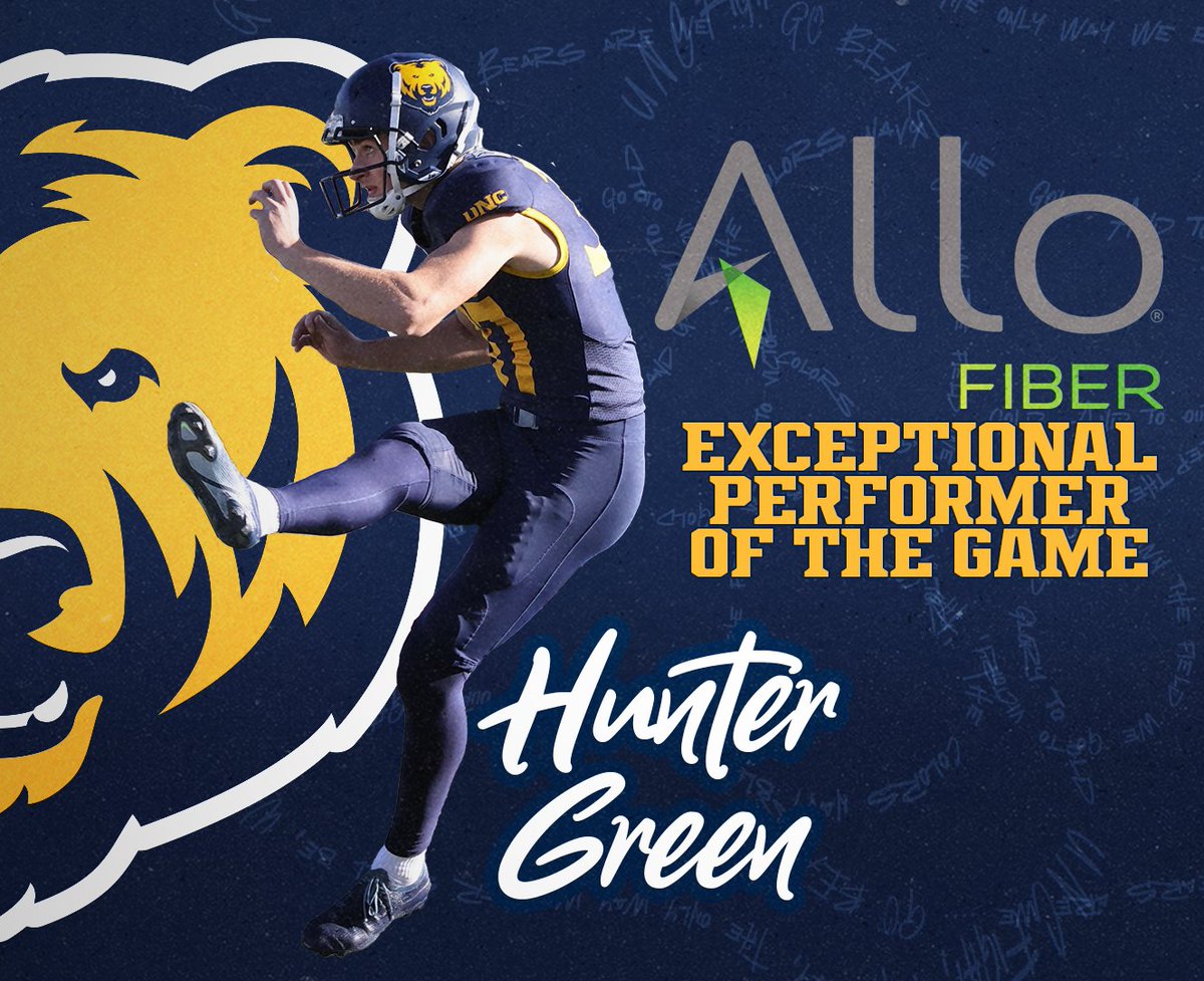 Northern Colorado Football (@unc_bearsfb) on Twitter photo Hunter Green goes three-for-three on field goals with a career-best 50-yarder to earn his second <a href="/AlloFiber/">ALLO Fiber</a> Exceptional Performance of the Week honor of the season.
#GetUpGreeley Hunter Green goes three-for-three on field goals with a career-best 50-yarder to earn his second <a href="/AlloFiber/">ALLO Fiber</a> Exceptional Performance of the Week honor of the season.
#GetUpGreeley