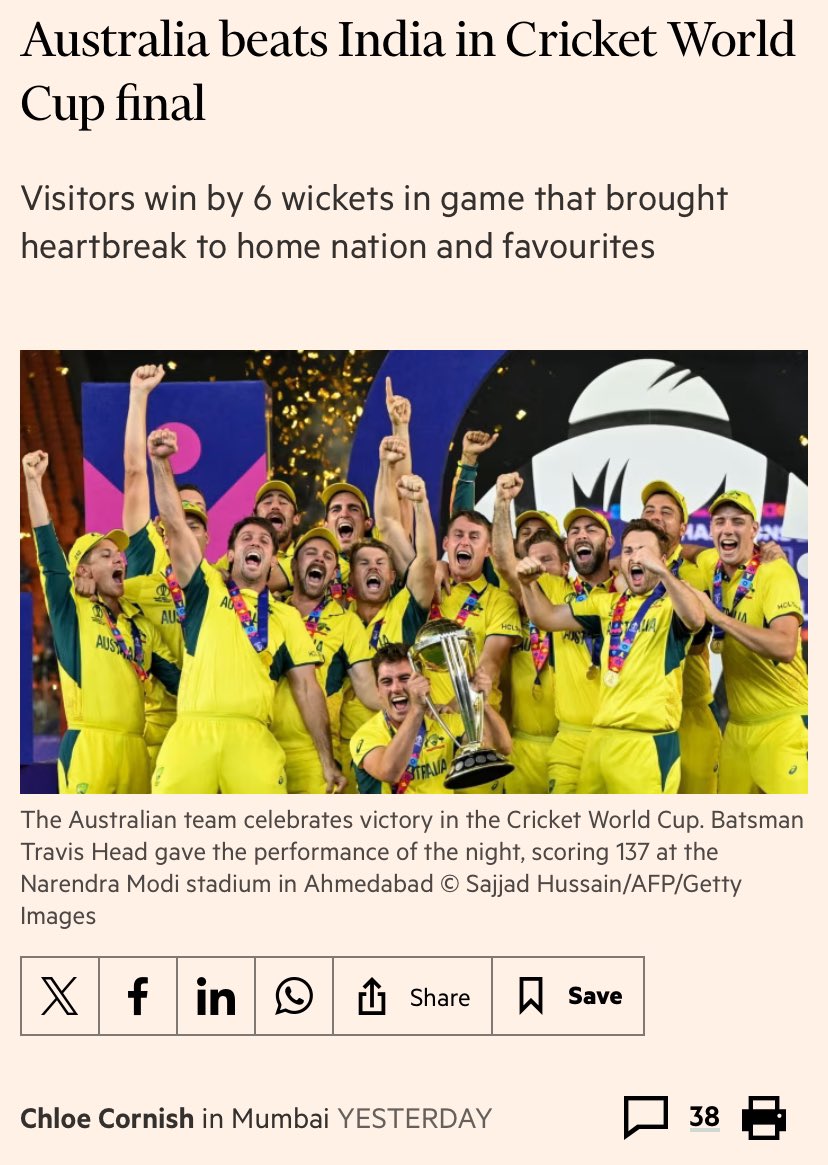 Commiserations to 🇮🇳’s men in blue, an astonishing campaign brought to a cruel end last night in Gujarat by 🇦🇺& Mr👦 (thanks @FT for making my dad’s dreams come true, for one night only, by letting me be a sports reporter) on.ft.com/3QLWU1Z