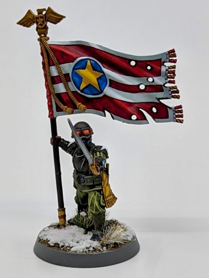 y7PaintsMinis's tweet photo. Series: GoldenDragonGames
Faction: Concordian Starborne
Unit: Sergeant Douglas Donahue - Hero of the Starborne
Thoughts:

This was a fun model to paint up, and it makes for a distinct character. The flag helps introduce some warm and bright colours to an otherwise drab scene. https://t.co/Jn2YgkrAFN