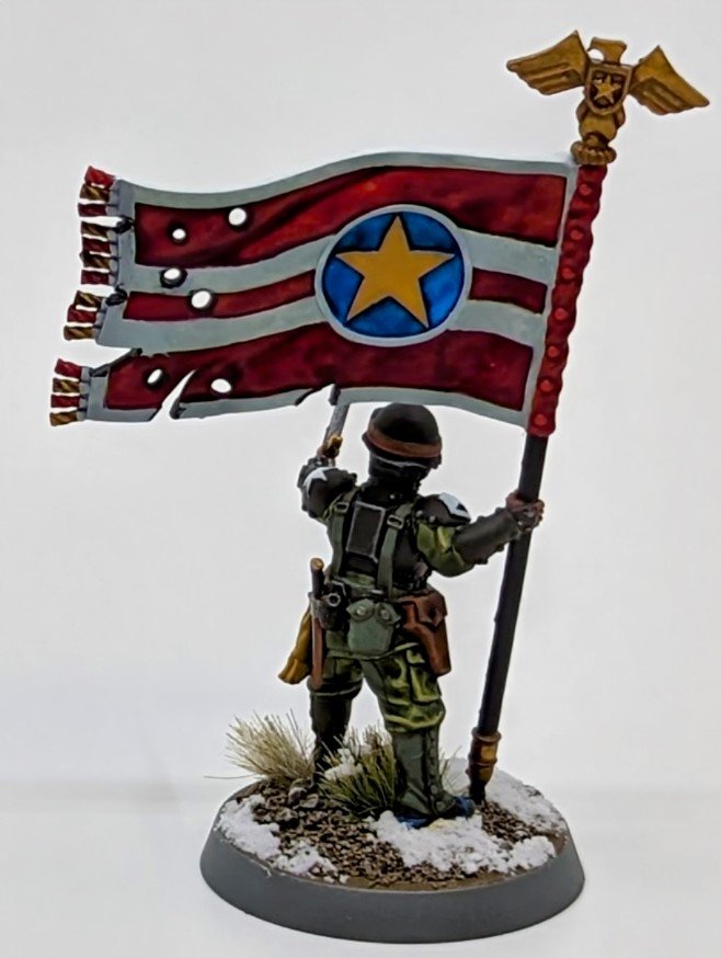 y7PaintsMinis's tweet photo. Series: GoldenDragonGames
Faction: Concordian Starborne
Unit: Sergeant Douglas Donahue - Hero of the Starborne
Thoughts:

This was a fun model to paint up, and it makes for a distinct character. The flag helps introduce some warm and bright colours to an otherwise drab scene. https://t.co/Jn2YgkrAFN