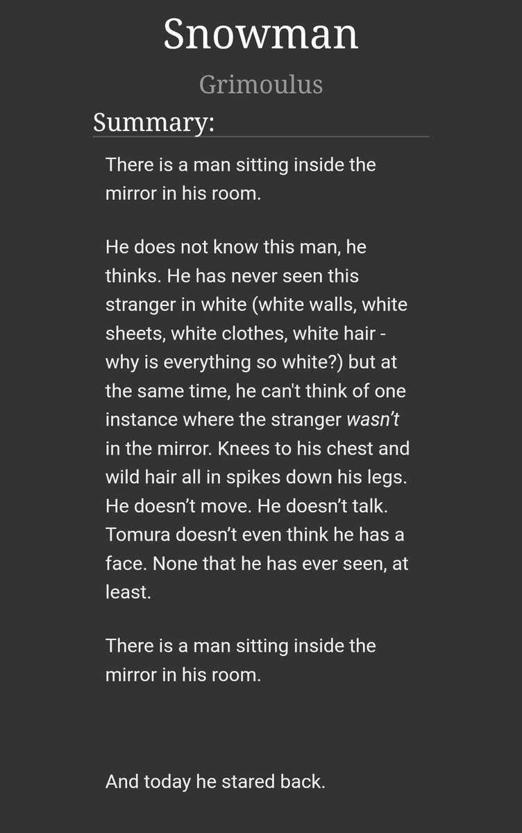 So excited to reveal my <a href="/MHAHorrorBang/">My Horror Academia Bang</a> piece! A psychological horror of a forgotten past coming back to haunt you. Is it really you at the end of the day?
archiveofourown.org/works/51708997…

With amazing art from the talented @/Mkzartz, "Snowman" is finally here to chill your bones~