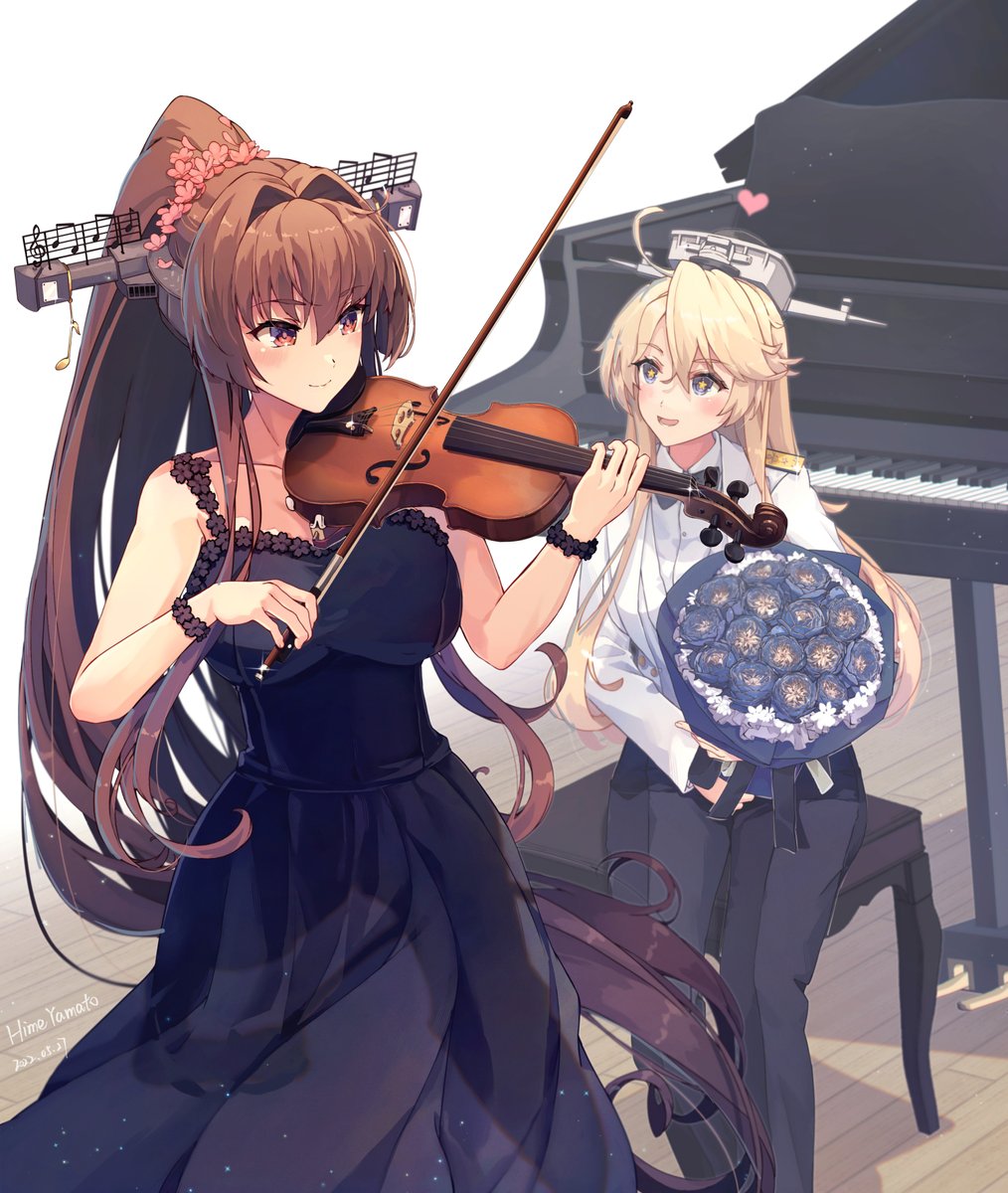 iowa (kancolle) ,yamato (kancolle) multiple girls 2girls piano instrument blonde hair brown hair flower  illustration images