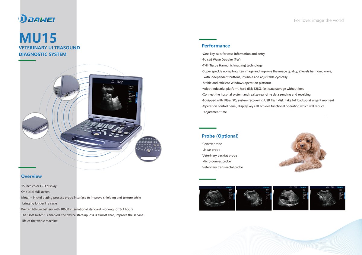 Yaren_Dawei's tweet image. #Dawei #Veterinary #ultrasoundscanner #MU15 model
15 inch color LCD display
Portable and optimization
One-key calls for case information and entry
B, B/B, 4B, B/M, M
Pulsed Wave Doppler (PW)
THI (Tissue Harmonic lmaging) technology
Lithium battery, 18650 mAH, work for 2-3 hours