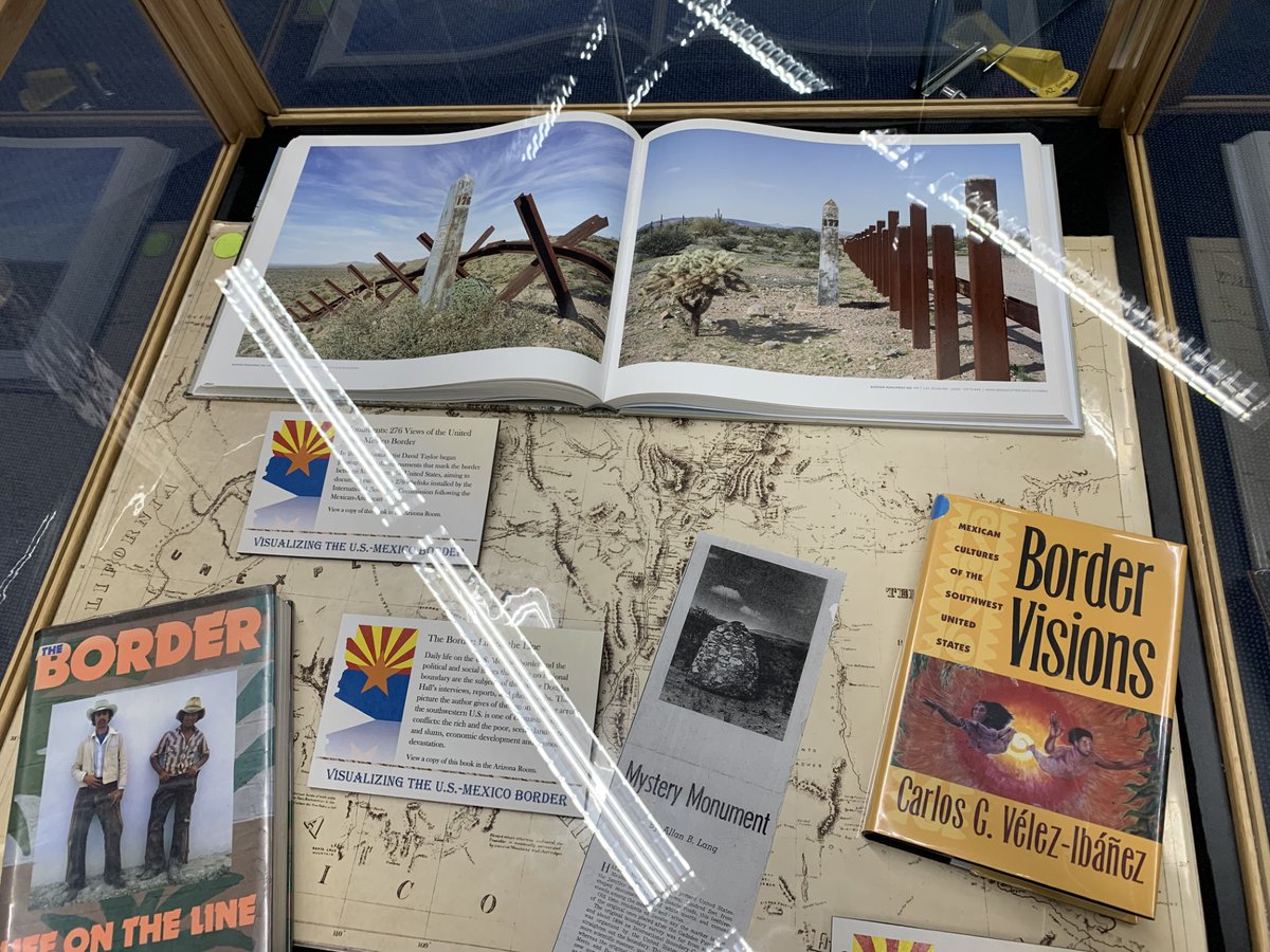 PhxLibrary's tweet photo. Check out an #ArizonaRoom showcase display featuring the U.S.- Mexican border with a look at monuments, daily border life & artwork. This compelling mini exhibit is on the 2nd floor of Burton Barr Central Library. https://t.co/KRW3gEQWuy #PhoenixPublicLibrary #Phoenix #PHX https://t.co/WWSq8ezVry