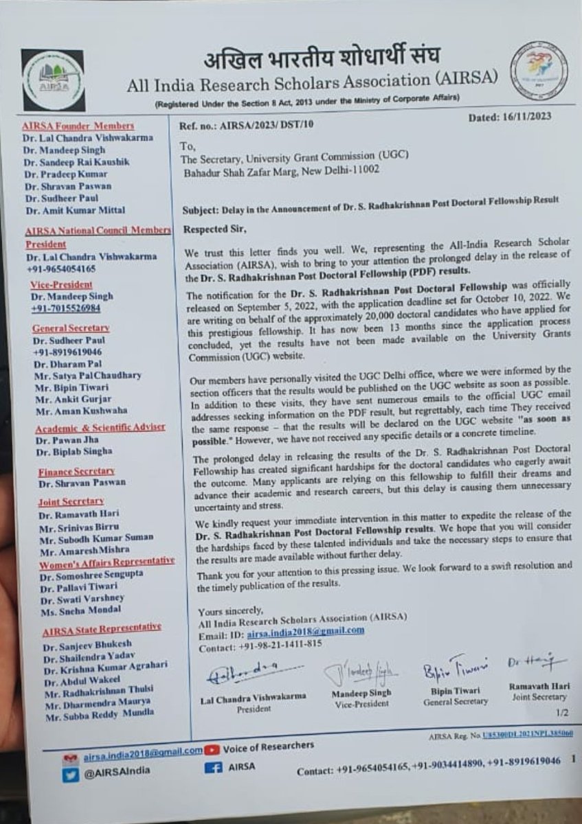 AIRSAIndia's tweet photo. #NonNetFellowshipHike 
#UGCPDFResult22 
#SJSGC_23_24 
@ugc_india higher authorities @mamidala90 always speak education but  they always ignored Indian research Scholars request 
https://t.co/eNcq0Rc39a
 @IndianExpress @IndiaToday @DanitaYadav @the_hindu @TheQuint @timesofindia https://t.co/WarVUak31b