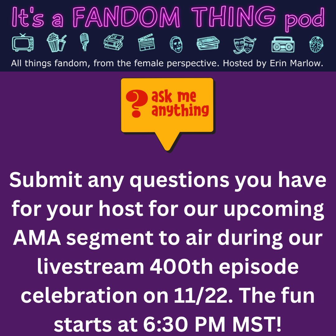 fandomthingpod's tweet photo. Have any burning questions for me or our panelists? Submit them below and then tune in to our YouTube channel on Wednesday, November 22nd at 6:30 PM MST to see if we answer yours! #ama #askmeanything #itsafandomthingpod https://t.co/W9fQAwwzw0 https://t.co/pnLdYdrziw