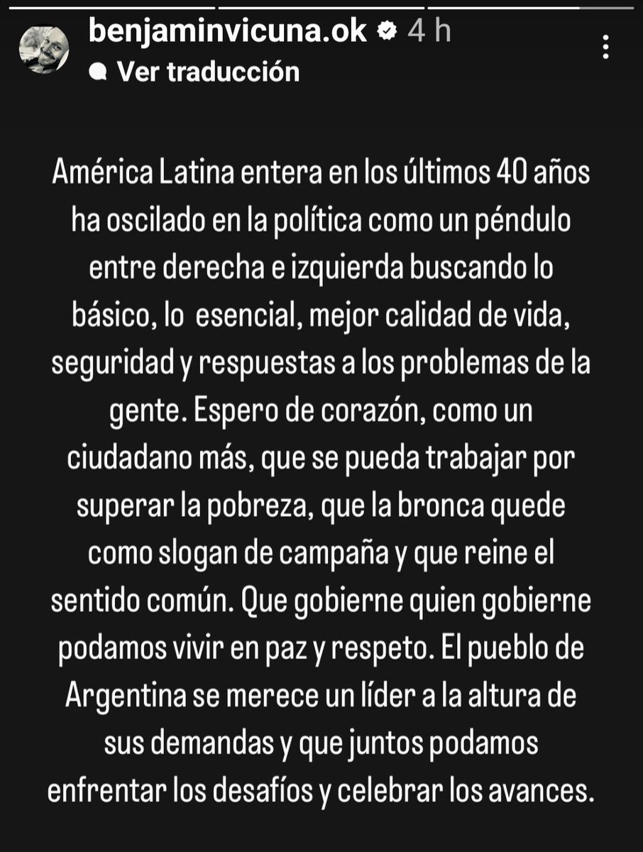El único que vale la pena leer. Palabras sensatas de Benjamín Vicuña 💪🇦🇷