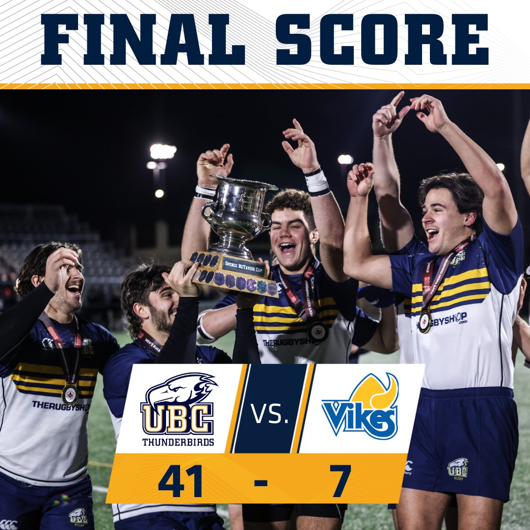 ubctbirds's tweet photo. 🏉 MRUG | National Champs for a third straight year!!! 🥳🥳🥳🥇🥇🥇

@UBCRugby pulls off the three-peat with a decisive win over the Victoria Vikes to take Gold once again at the Canadian University Men's Rugby Championship!

#GoBirdsGo https://t.co/U7Y67cmyiS