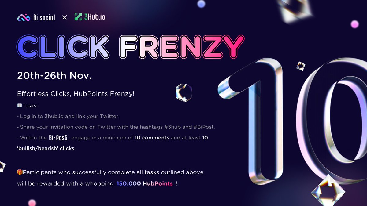 🌈Bi social x @3hub_io Round II- Click Frenzy🌈
◾️Get ready for a new round of FUN! Check out the deets on the poster! 
😍When sharing on Twitter, pls copy this: 
I'm participating in the CLICK FRENZY event jointly launched by Bi social and 3hub, invitation code: [Your Invite
