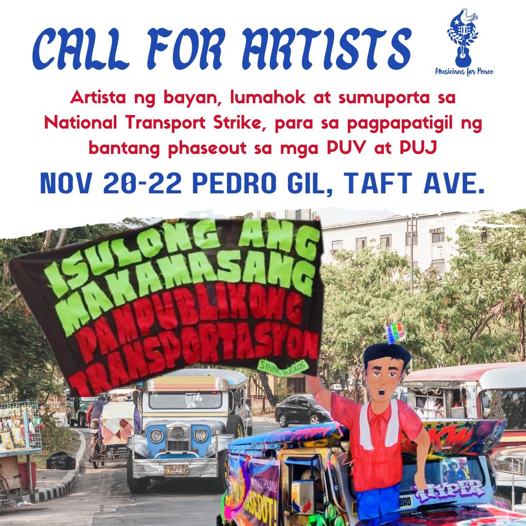 Nakikiisa ang Musicians For Peace sa kampanya at panawagan ng sektor ng transport at mga komyuter sa di-makamasa at pagmasaker sa kanilang kabuhayan. 

#NoToJeepneyPhaseout #NoToPUVPhaseout #DefendTheRightToStrike #ArtistaNgBayan #JoinTheTransportStrike