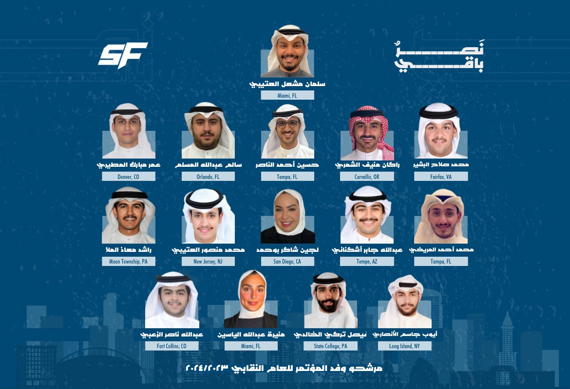 ﷽ 
مرشحو قائمة #المستقبل_الطلابي لمقاعد الهيئة الإدارية للعام النقابي ووفد المؤتمر
 23/24
تحت شعار #نَصرٌ_باقي

والله ولي التوفيق

#Q8SFUSA
#Q8SFUSA23