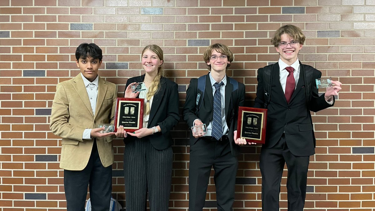 Novice results from the Glenbrooks!

Nandula &amp; Parsons - 5-0 -  won their round robin. Lost  quarters on a 2-1.

Huska &amp; Newsom - 4-1 - 2nd in their round robin. Lost quarters on a 2-1.

Cameron - 13th speaker
Ryan - 8th speaker
Jay - 7th speaker
Maira - 5th speaker