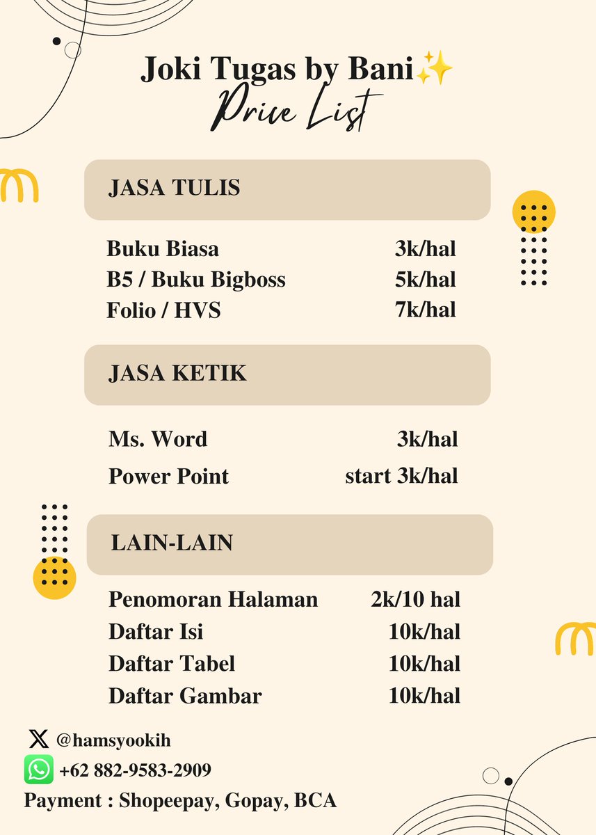 hamsyookih's tweet photo. Hello! Aku open jasa ketik dan tulis yaa. New but Trusted 💯
Payment :
• Shopeepay
• Gopay
• BCA

https://t.co/6QXH4anvZU #zonauang #zonaba #jokitugasmurah #jokitulis #jokiketik https://t.co/exfbfD4Gbz