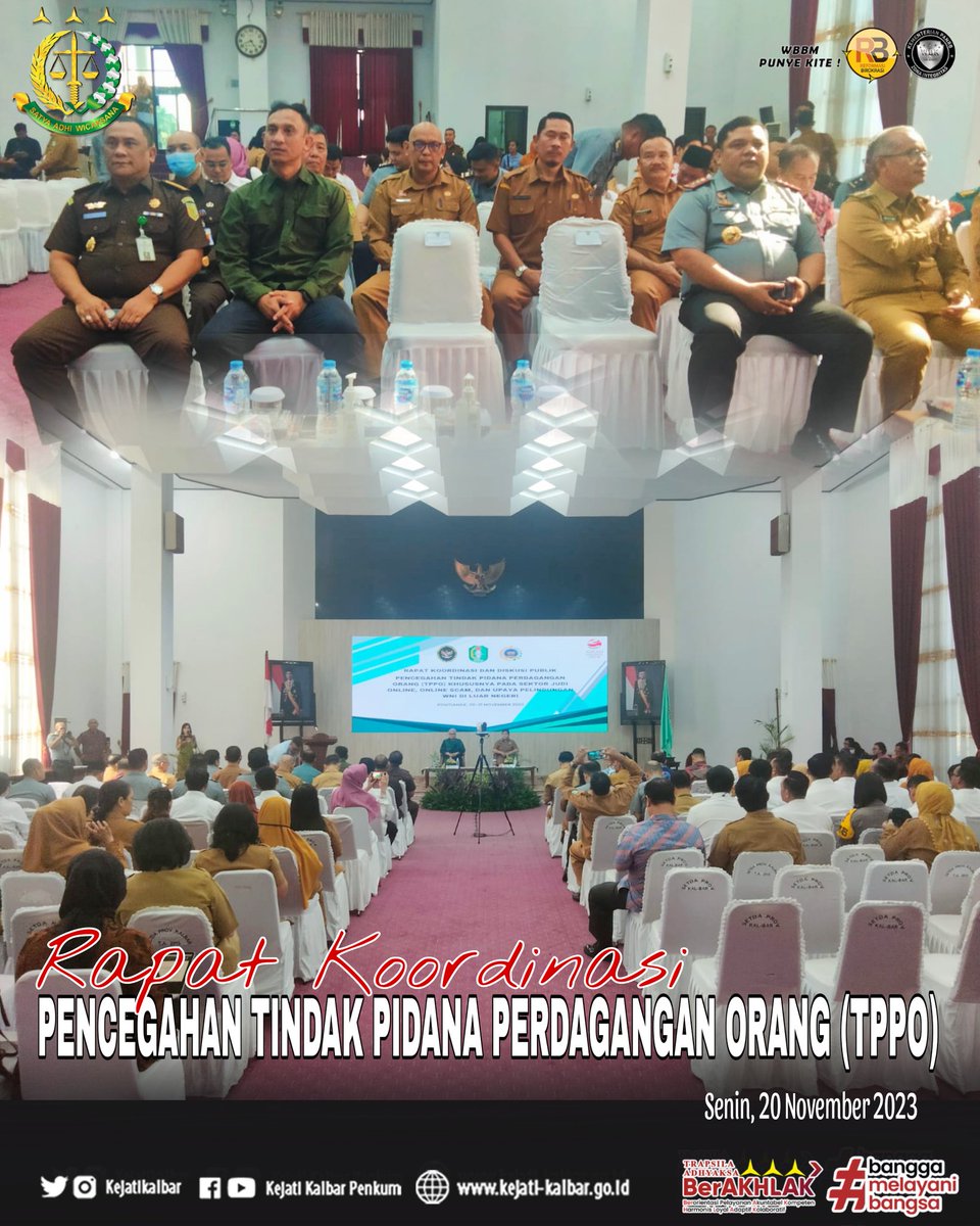 KejatiK's tweet photo. Pada hari Senin, 20 November 2023, bertempat di Balai Petitih Kantor Gubernur Kalbar, Kajati Kalbar yang diwakili Asisten Intelijen Kejati Kalbar Taliwondo, SH, MH, menghadiri Rapat Koordinasi Pencegahan Tindak Pidana Perdagangan Orang (TPPO) Provinsi Kalimantan Barat. https://t.co/pM8xiX8DRO