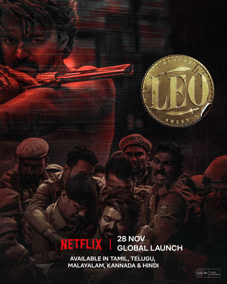 Netflix_INSouth's tweet photo. The wait is finally over!! We have some Bloody Sweet news for you. 🍫 Naa Ready! Are you?🔥

#Leo is coming to Netflix on 24th Nov in India and 28th Nov Globally in Tamil, Telugu, Malayalam, Kannada &amp; Hindi. https://t.co/zkiPFmGRaJ