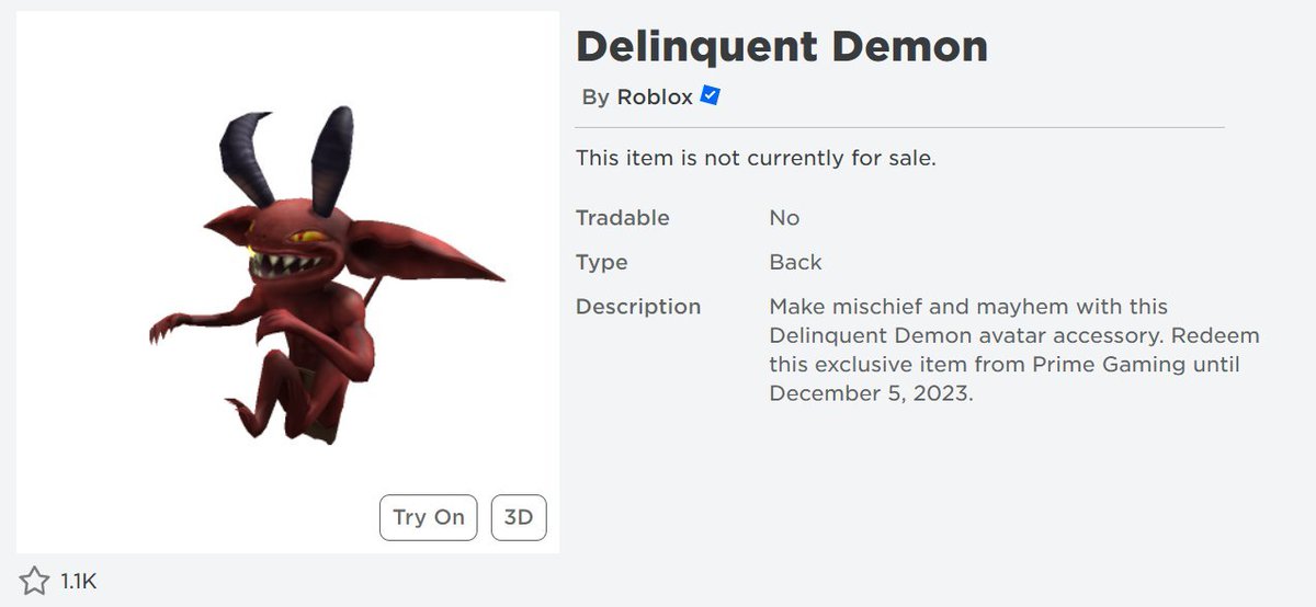 RobloxBotFollow's tweet image. Selling Roblox Amazon Prime Gaming 
Exclusive item
 Delinquent Demon for 100 robux + tax

 Fast delivery