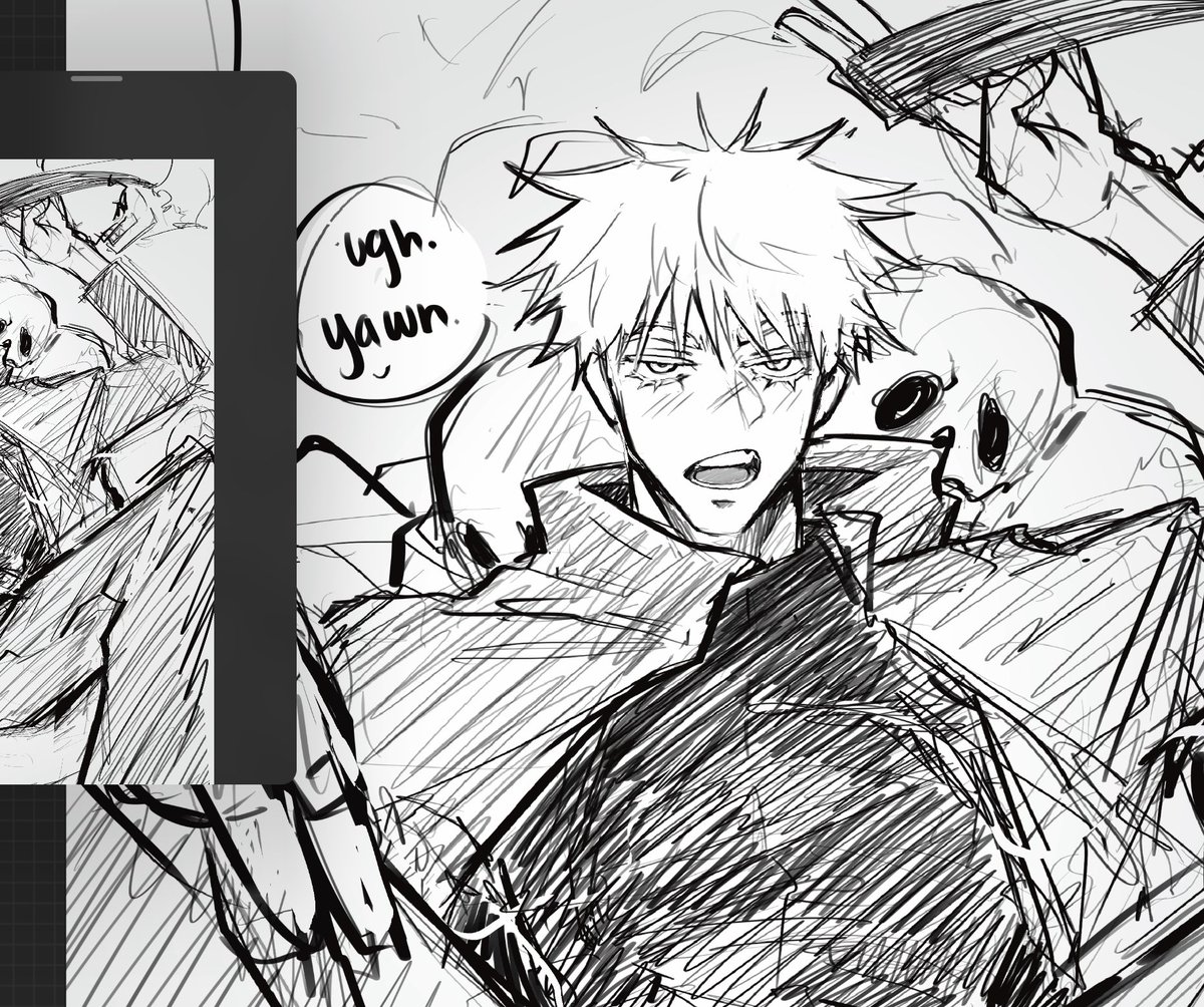 i know i said i would post the sukuna sketch but in the middle of fixing his hand i had a gojo idea come to me in a vision,,,so here’s a sketch of satoru just hangin in the prison realm #jjk
