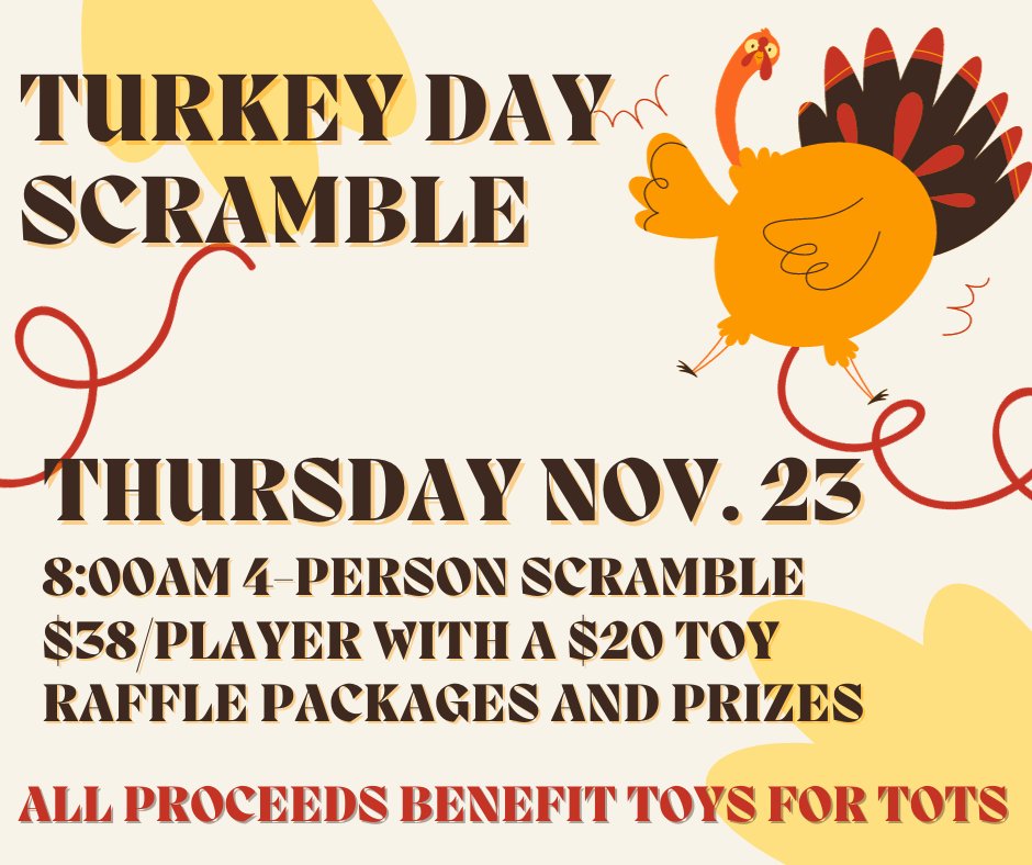 Join us Thanksgiving morning and help#MansfieldNational give back.
Toy donations benefit #ToysforTots
 Let’s make the holiday season even brighter for those in need – give and play! 
RESERVATIONS REQUIRED:
mn-turkeydayscramble.golfgenius.com

#ToysforTots  📸: ow.ly/VKMg50Q7A5L