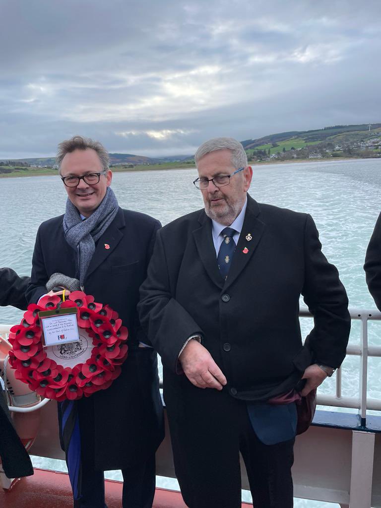 ALieutenancy's tweet photo. Yesterday the Earl of Antrim, DL, represented the Lord-Lieutenant at the Service of Remembrance on Rathlin and laid a wreath on his behalf. A short ceremony also took place at sea to commemorate HMS Drake. The High Sheriff of Co. Antrim, @PTWMackie, &amp; @CatharineHoey attended https://t.co/NpExzuoaXJ