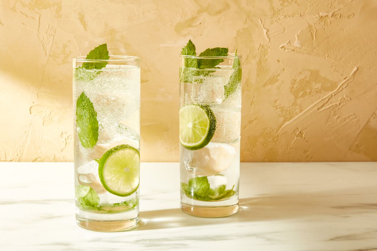 Simple cocktail drink 
2 teaspoons
6 to 8 fresh mint leaves
2-3 ounces club soda
1 lime