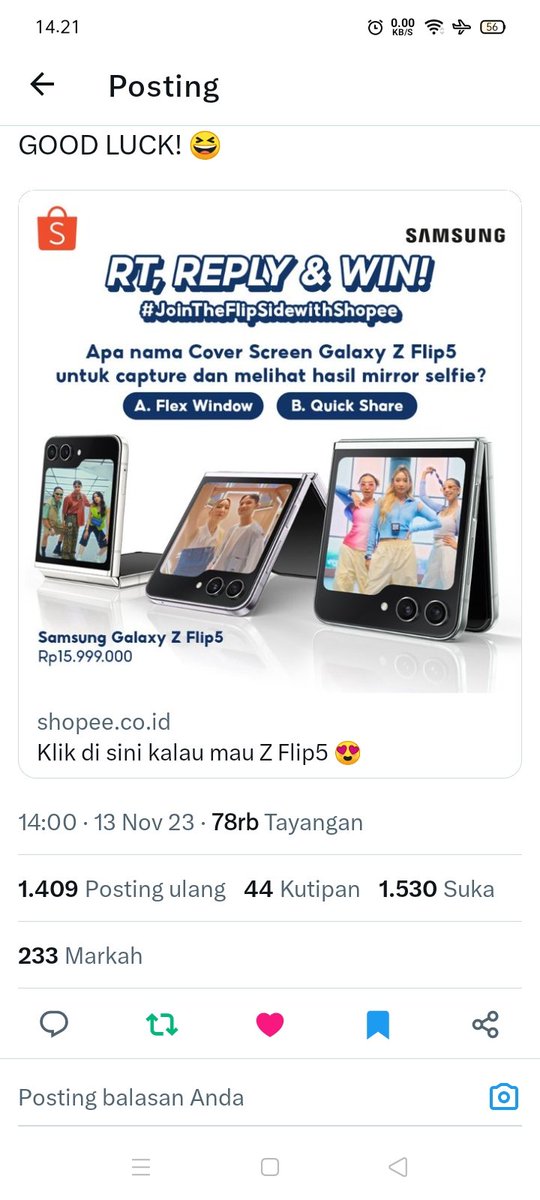 indahminoz96's tweet photo. @ShopeeID #JoinTheFlipSidewithShopee
 #GalaxyZFlip5 
Jawabannya adalah
A. Flex window
A. Flex window
A. Flex window
A. Flex window
A. Flex window
A. Flex window
A. Flex window
A. Flex window
A. Flex window
A. Flex window
A. Flex window
Done follow @ShopeeID ✓ https://t.co/2BLAiYZuQr