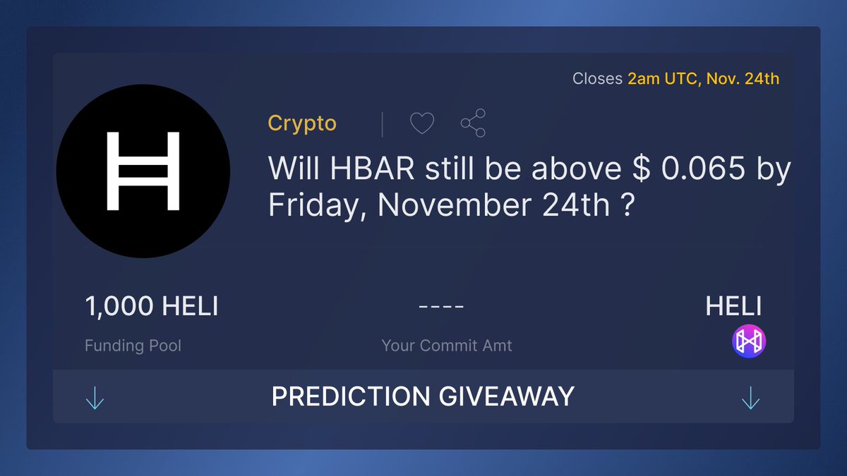 Happy Monday! 

A new week brings new opportunities - what will this mean for HBAR? 

Comment "Yes" or "No" to answer the question below and you are in it to win 1,000 $HELI! 

✅Reply Yes/No
✅Tag 2 Friends
✅Like &amp; RT

Good luck HeliCopters! 🚁
#heliswap #hbar #HELI