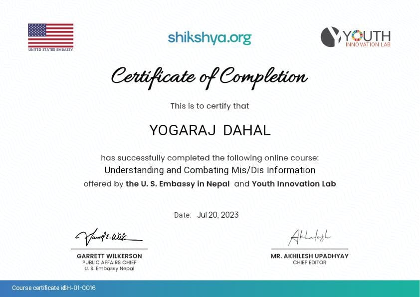 The achievement of the 2-day workshop on Mis/Dis Information  topics.
@USAmbNepal 
#USEmbassyNepal 
#YouthInnovation 
#YouthInnovationLab 
#yilabnepal