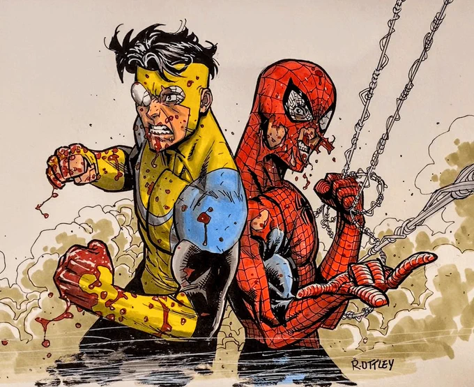 HONESTLY if they DO crossover in Invincible S2, they probably aren't gonna meet the other Avengers like they did in the comic.(art by invincible illustrator, Ryan Ottley) 