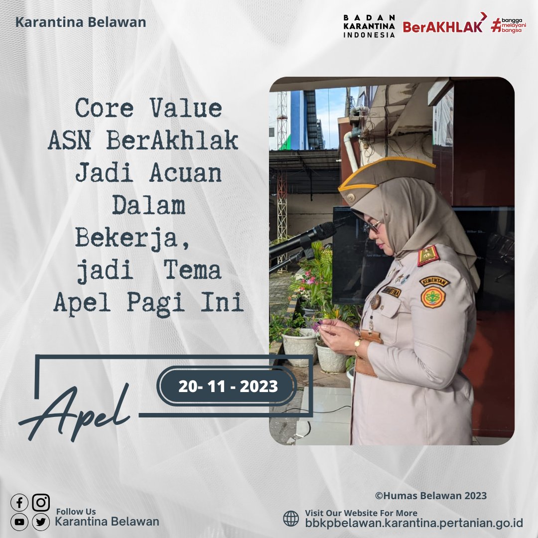 KarantinaBLW's tweet photo. Core Value ASN BerAkhlak  Jadi Acuan Dalam Bekerja,  Tema Apel Pagi Ini

SobatQ, hari ini (Senin, 20/11) @KarantinaBLW  melaksanakan apel pagi yang dilaksanakan dikantor induk. Apel juga dihadiri secara daring di Laboratorium jalan Sampul serta di wilayah kerja Nias dan Sibolga. https://t.co/ebM6omwuds