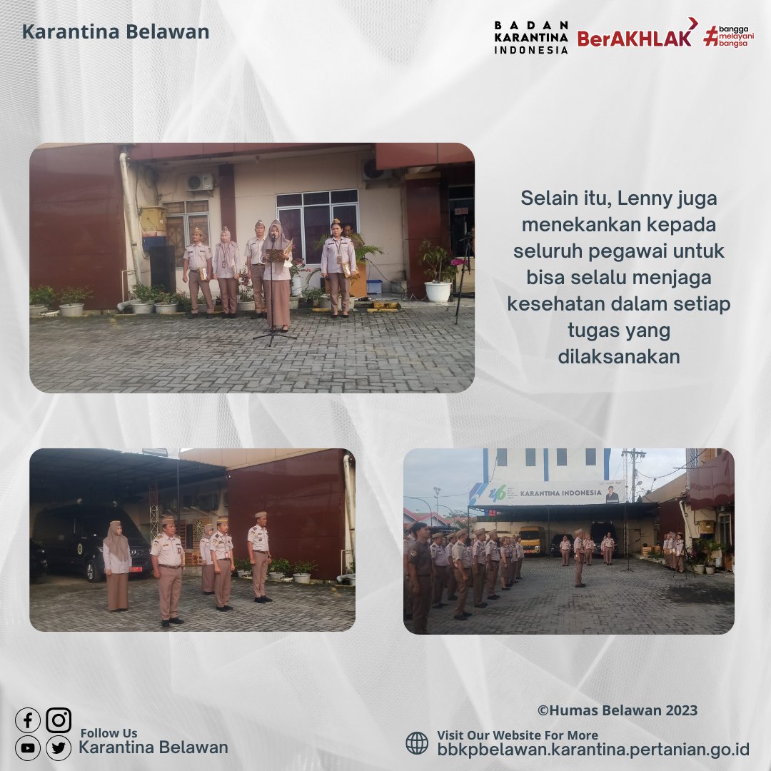 KarantinaBLW's tweet photo. Core Value ASN BerAkhlak  Jadi Acuan Dalam Bekerja,  Tema Apel Pagi Ini

SobatQ, hari ini (Senin, 20/11) @KarantinaBLW  melaksanakan apel pagi yang dilaksanakan dikantor induk. Apel juga dihadiri secara daring di Laboratorium jalan Sampul serta di wilayah kerja Nias dan Sibolga. https://t.co/ebM6omwuds