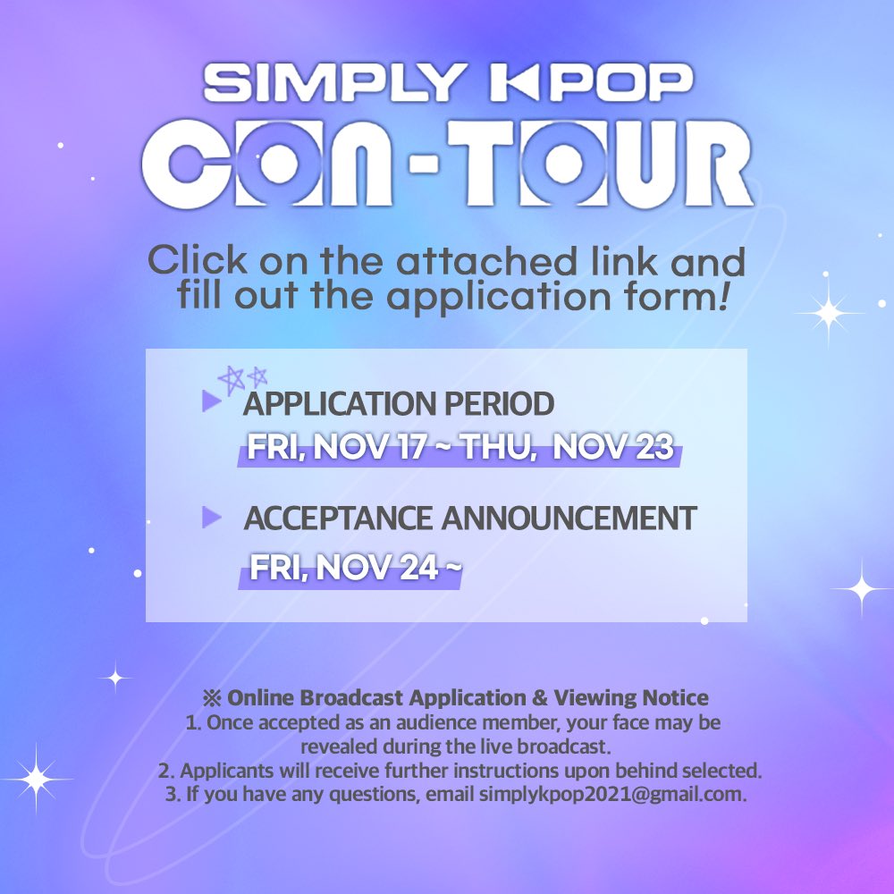 _Simplykpop's tweet photo. Simply CON-TOUR is open for all K-Pop fans around the world! 
Join your favorite K-Pop stars by filling out the Online Audience application below! 

https://t.co/wzIrcKfVGs https://t.co/cl0q8CPr6j
