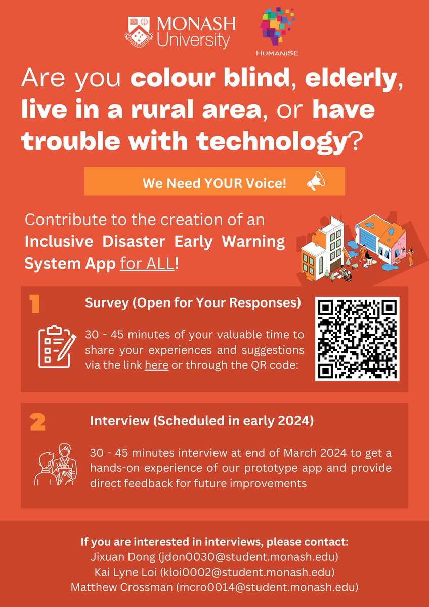 🌐Shape the Future of #disastermanagement Apps! 
We are conducting a study to understand issues faced by #Vulnerable groups in using #EarlyWarningSystems (#EWS) and to develop a more #inclusive EWS.
#DisasterRiskReduction #DRR #ClimateChange 
@HumaniseL @MonashInfotech @IGSD_UoW