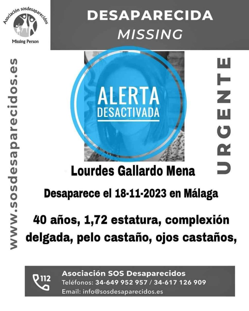 zoyderpalo's tweet photo. ❤️ Nos reconforta poder compartir la DESACTIVACIÓN de la #Alerta emitida en su día por parte de @andalucia_sos, con respecto a nuestra vecina de #ElPalo (#Distrito2MLG) Lourdes Gallardo Mena.
🫂 ¡MUCHA GRACIAS POR VUESTRA COLABORACIÓN EN SU DIFUSIÓN! https://t.co/TD3tIbKCSJ