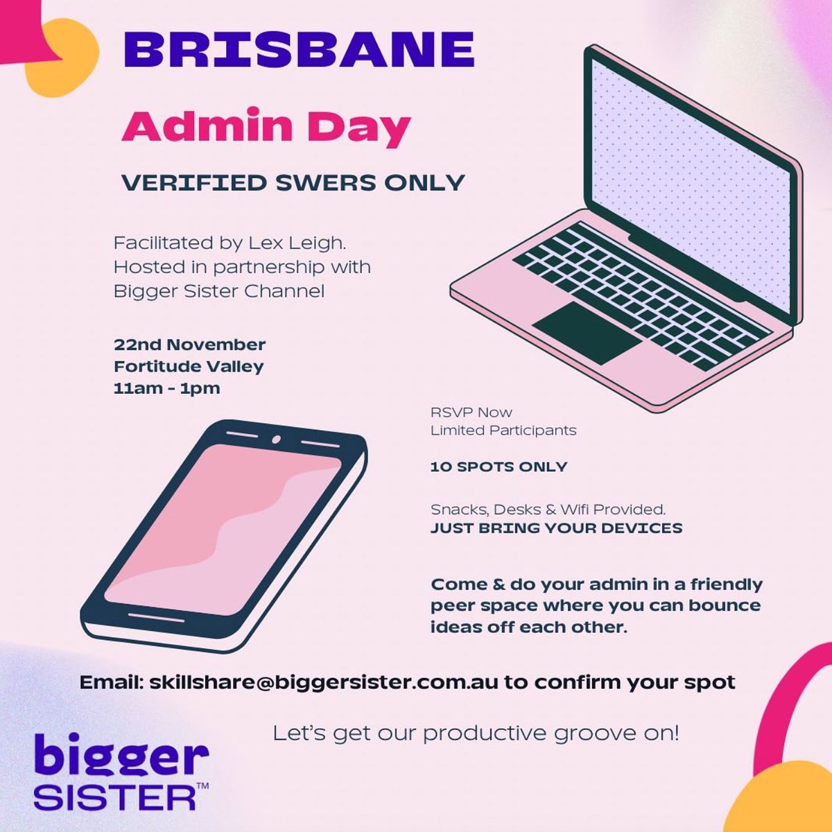 Join us in Brisbane for our inaugural admin day in just 2 days! 
Bring your devices and conquer your bookkeeping and administrative tasks alongside like-minded peers. Contact us via email at skillshare@biggersisterchannel.com.au. 
#AdminDay #Brisbane