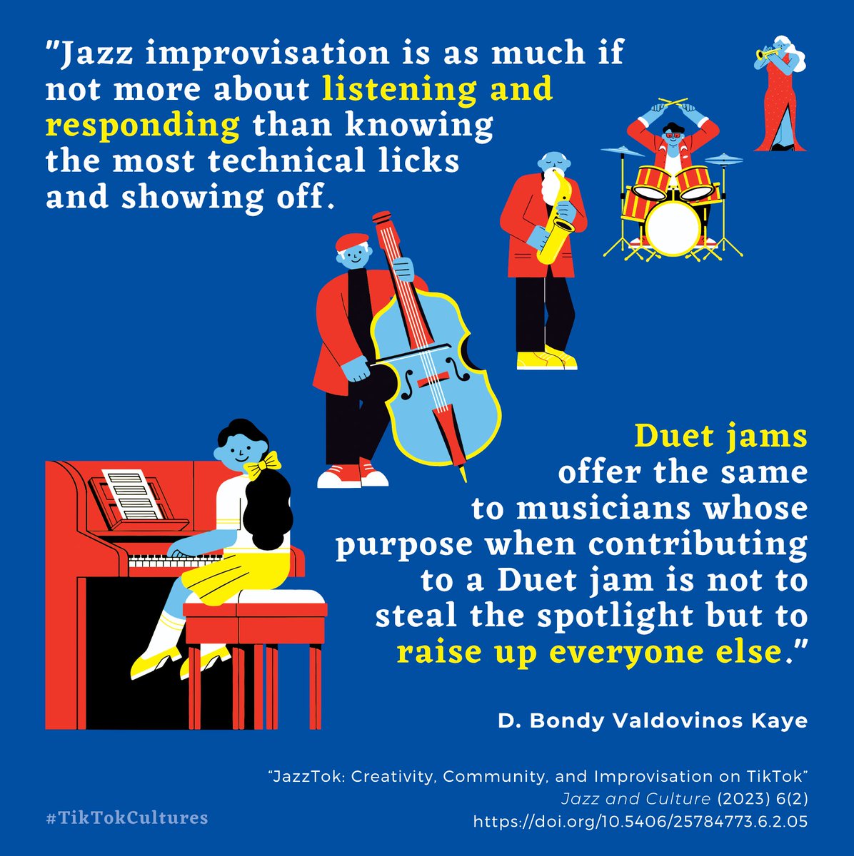 New publication from @bondykaye out now in @culture_jazz! 🎷✨ “JazzTok: Creativity, Community, and Improvisation on TikTok” is available here [open access]: scholarlypublishingcollective.org/uip/jac/articl… #TikTokCultures