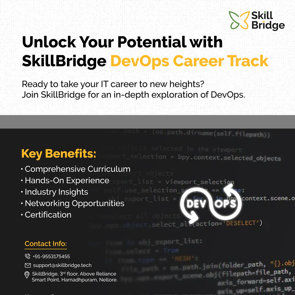 SkillBridge2023's tweet photo. SkillBridge Nellore's DevOps Mastery Program will equip you with the skills and tools you need to transform your software development lifecycle into a streamlined symphony of efficiency and innovation.

Master DevOps skills, automation techniques, and collaboration practices. https://t.co/6YYHAaXx8x